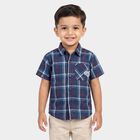 Boys Navy Blue Cotton Short Sleeves Collar Shirt, Navy Blue, small