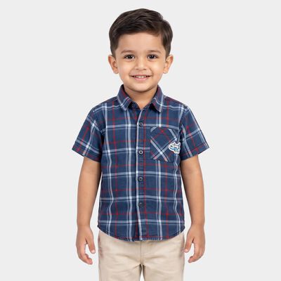 Boys Navy Blue Cotton Short Sleeves Collar Shirt