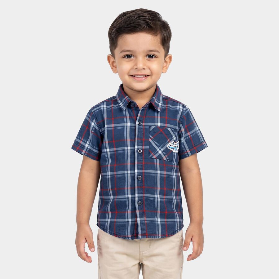 Boys Navy Blue Cotton Short Sleeves Collar Shirt, Navy Blue, large