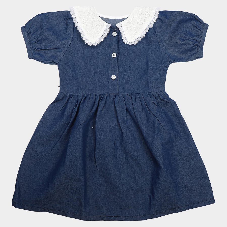Girls' Blue Fit and Flare Lace Collar Frock, मध्यम नीला, large