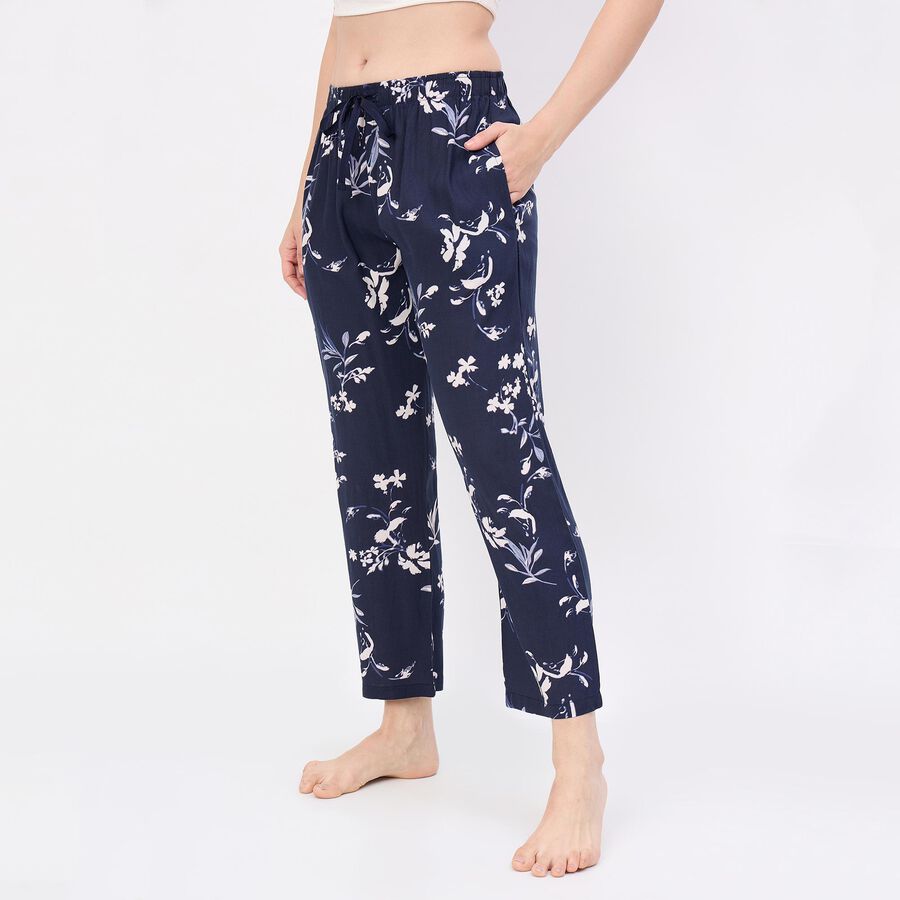 Women's Navy Blue Relaxed Fit Leaf Printed Pyjama, नेवी ब्लू, large