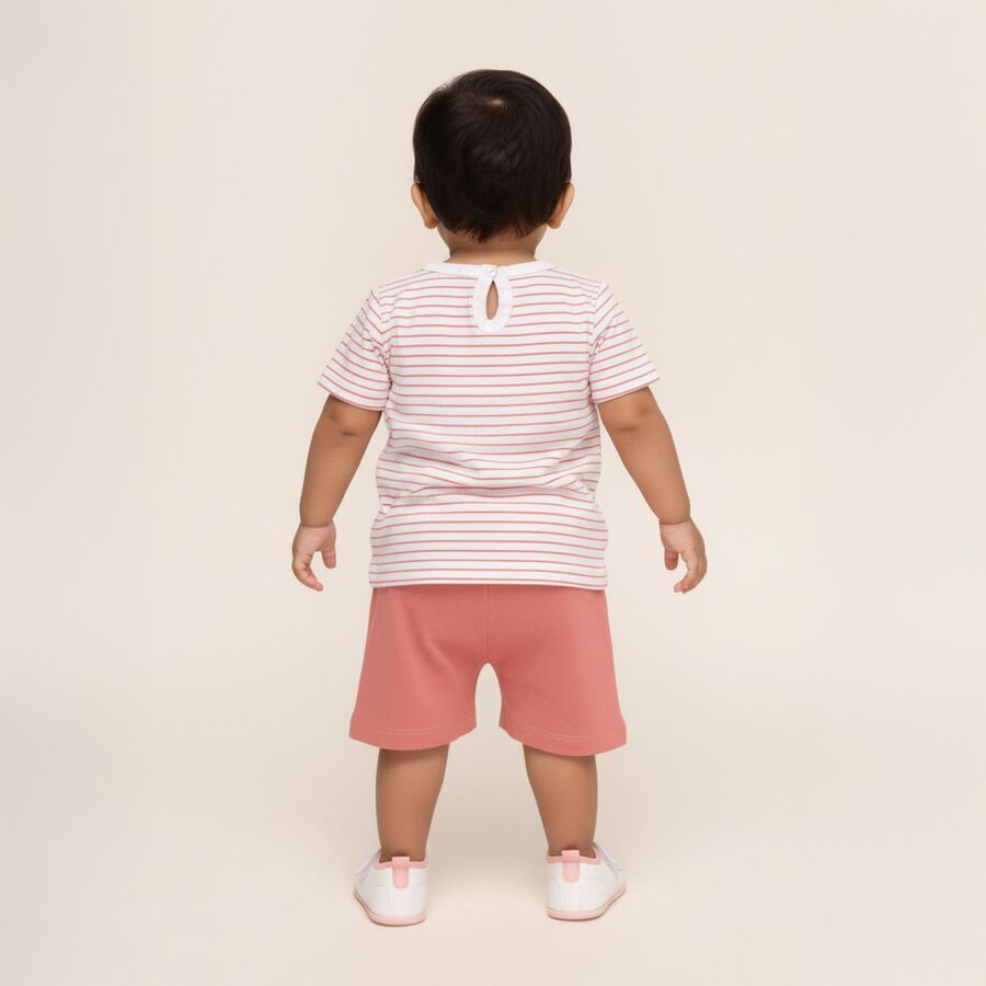 Infant Muted Pink and White Cotton Striped Top Casual Shorts Set, Light Pink, large image number null