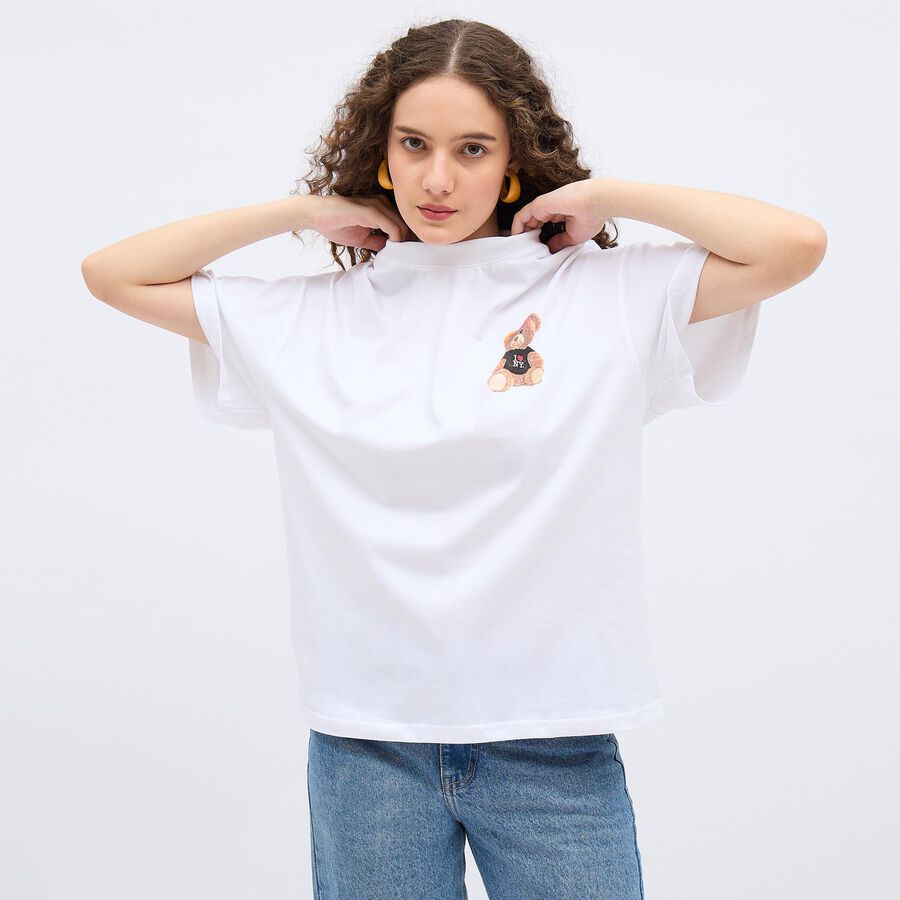 Women's Bright Snow White Cotton Round Neck Casual T-Shirt, सफ़ेद, large image number null