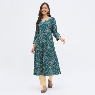 Women's Deep Peacock Blue Round Neck Embroidered Kurta