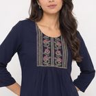 Women's Navy Blue Round Neck Embroidered Kurti, Navy Blue, small