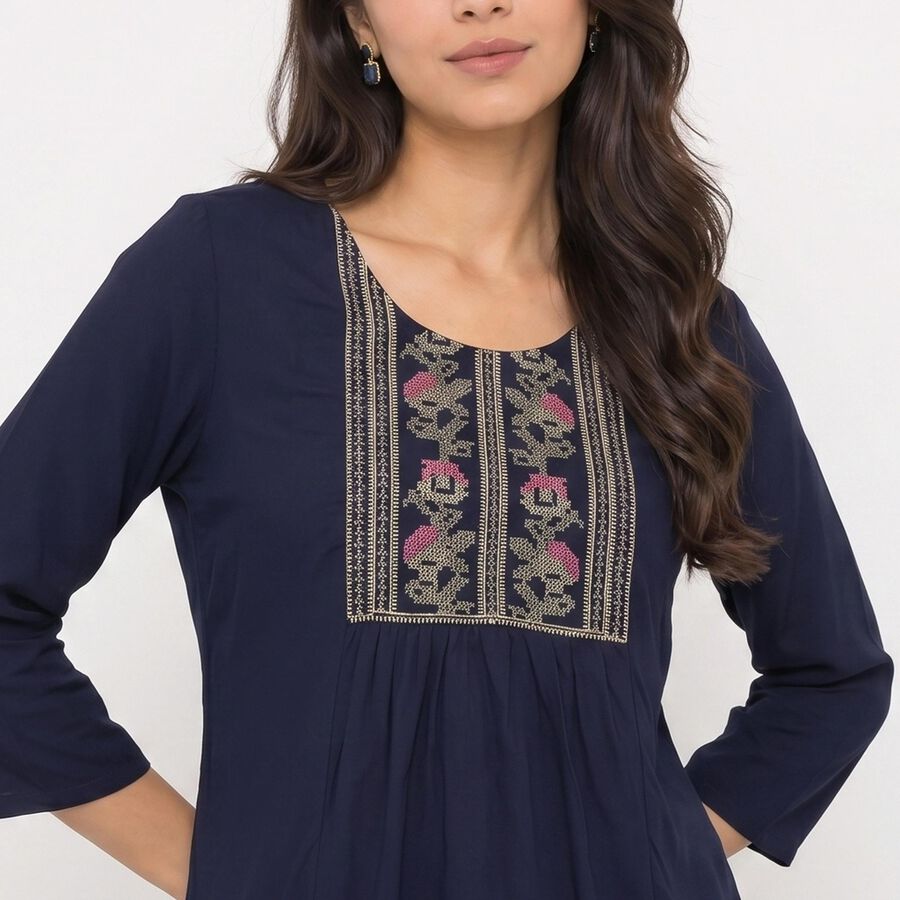 Women's Navy Blue Round Neck Embroidered Kurti, Navy Blue, large
