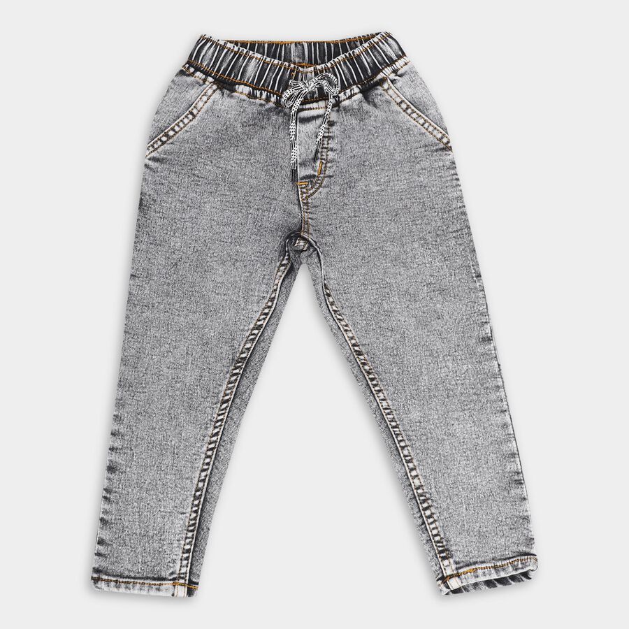 Boys' Stonewashed Grey Regular Fit Elastic Waist Jeans, हल्का ग्रे, large image number null