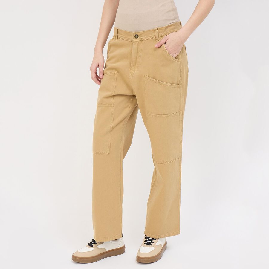 Women's Cotton High-Rise Straight Fit Trousers, Beige, large