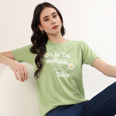Women's Mint Round Neck Graphic Printed T-Shirt