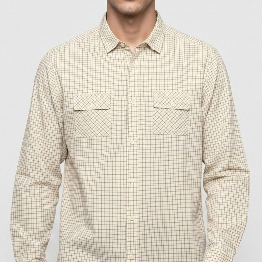 Men's Beige Cotton Long Sleeve Collar Casual Shirt, गहरा पीला, large
