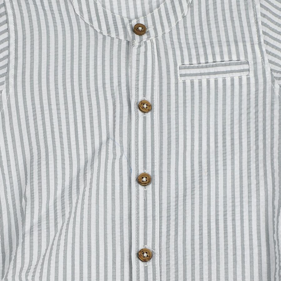 Infants' Beige 100% Cotton Mandarin Collar Striped Baba Suit, Beige, large