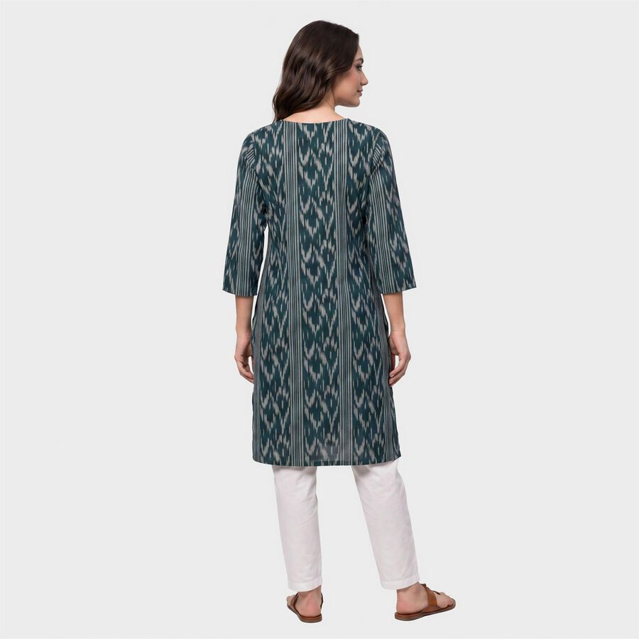 Women's Teal Notch Neck Ikat Printed Kurta, Teal Blue, large