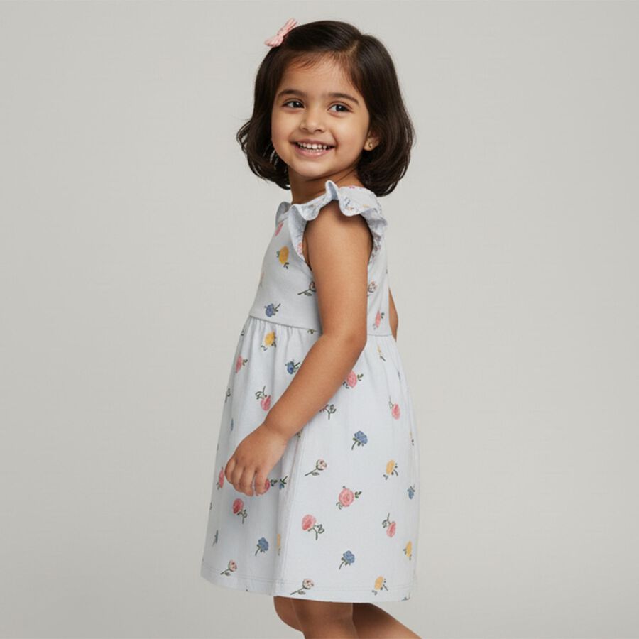 Infants' Light Blue Floral Print Sleeveless Frock, हल्का नीला, large image number null