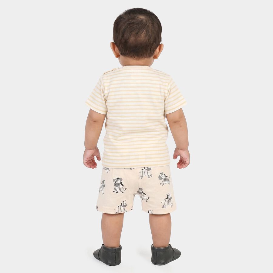 Infants' Beige 100% Cotton Round Neck Zebra Printed Baba Suit, Beige, large
