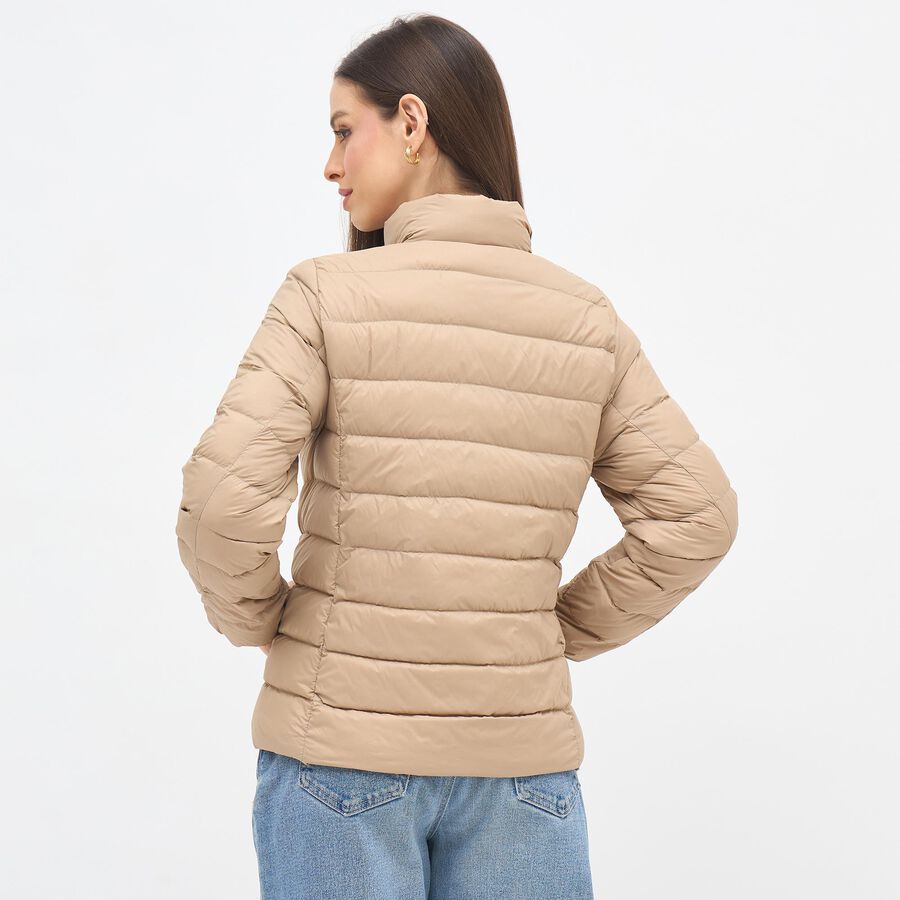 Women's Light Beige High Neck Casual Puffer Jacket, गहरा पीला, large image number null