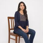 Women's Navy Blue Round Neck Embroidered Kurti, Navy Blue, small