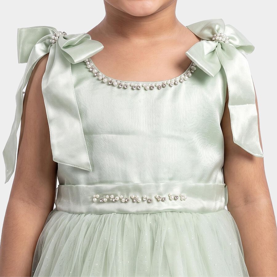 Girls' Mint Green Fit and Flare Bow Detail Party Wear Frock, हल्का हरा, large
