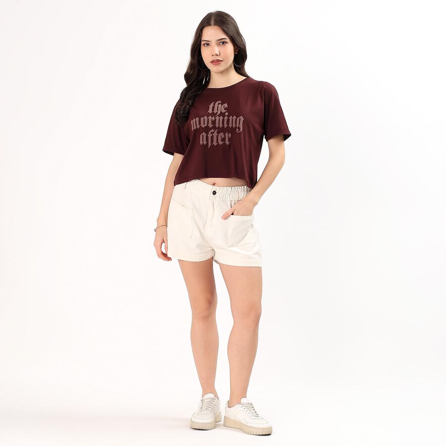 Women's Deep Maroon Cotton Round Neck Casual T-Shirt, भूरा, large