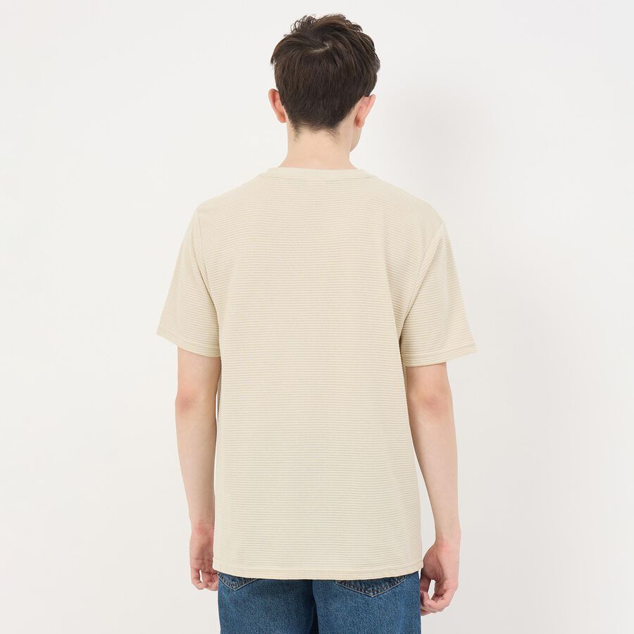 Men's Light Beige Round Neck Casual T-Shirt, Beige, large