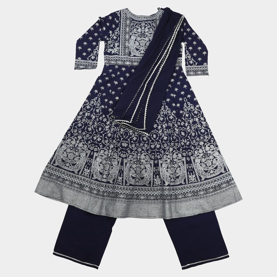 Girls Navy Blue Round Neck Fusion Set Upper and Bottom Set, Navy Blue, large