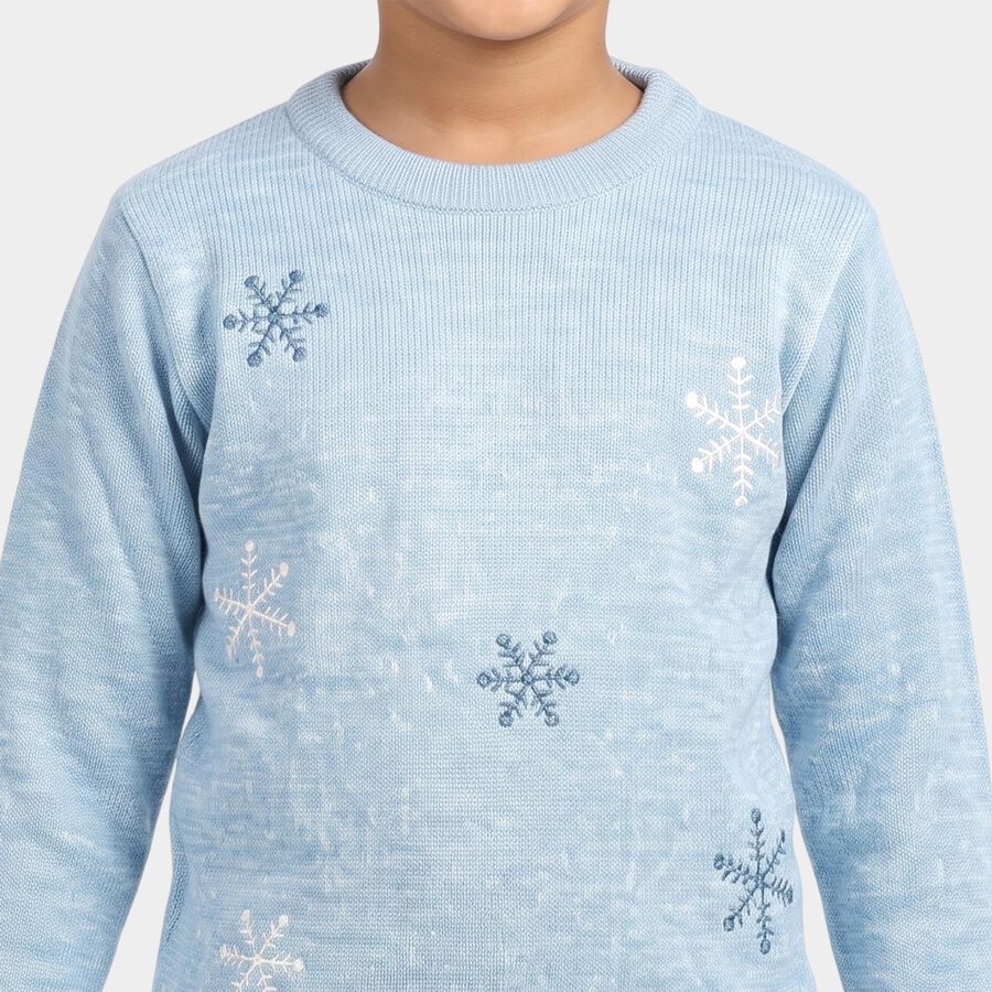 Girls Light Blue Crew Neck Printed Pullover, हल्का नीला, large