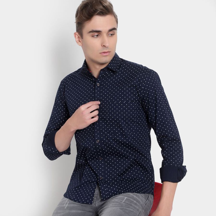 Printed Cotton Formal Shirt, Navy Blue, large image number null