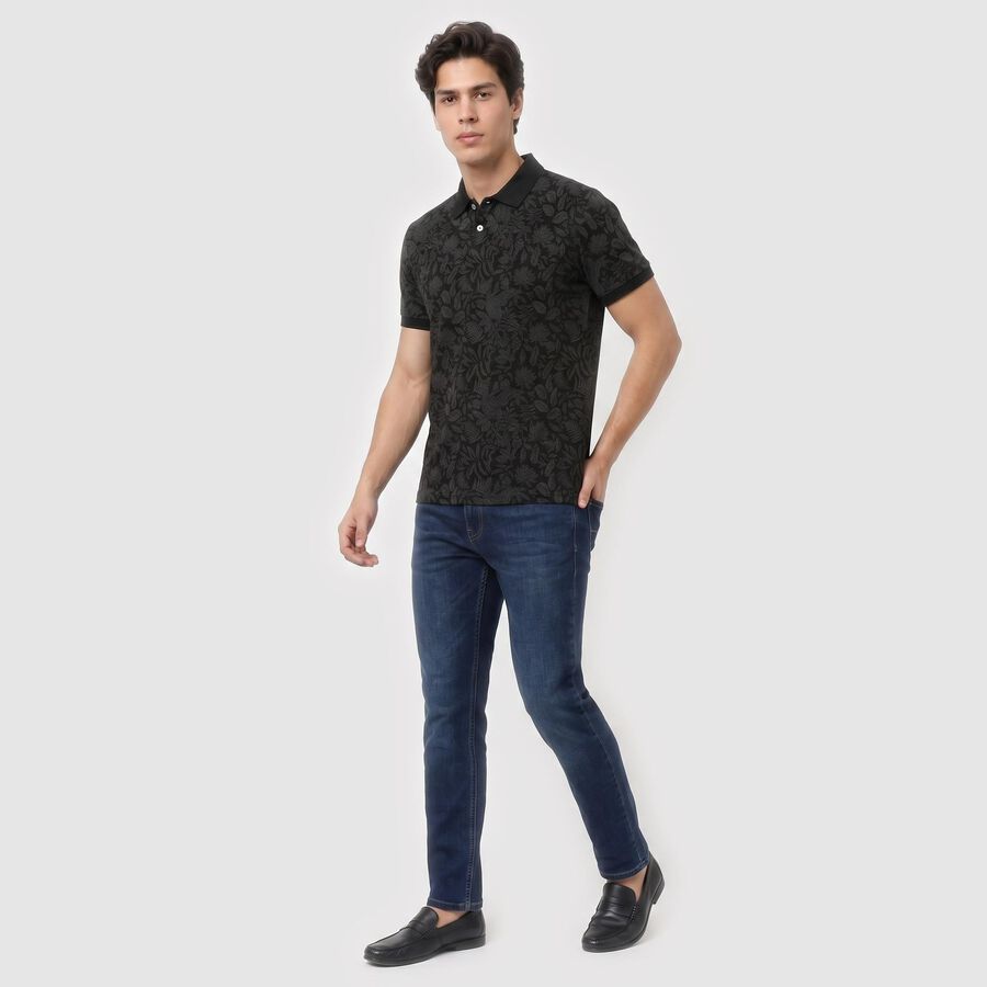 Men's Black Cotton Polo Neck Floral Printed T-Shirt, काला, large