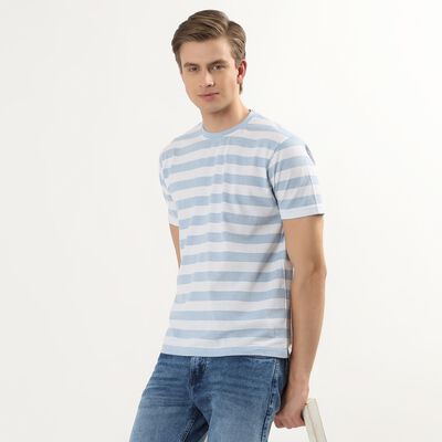 Men's Light Blue Round Neck Horizontal Striped T-Shirt