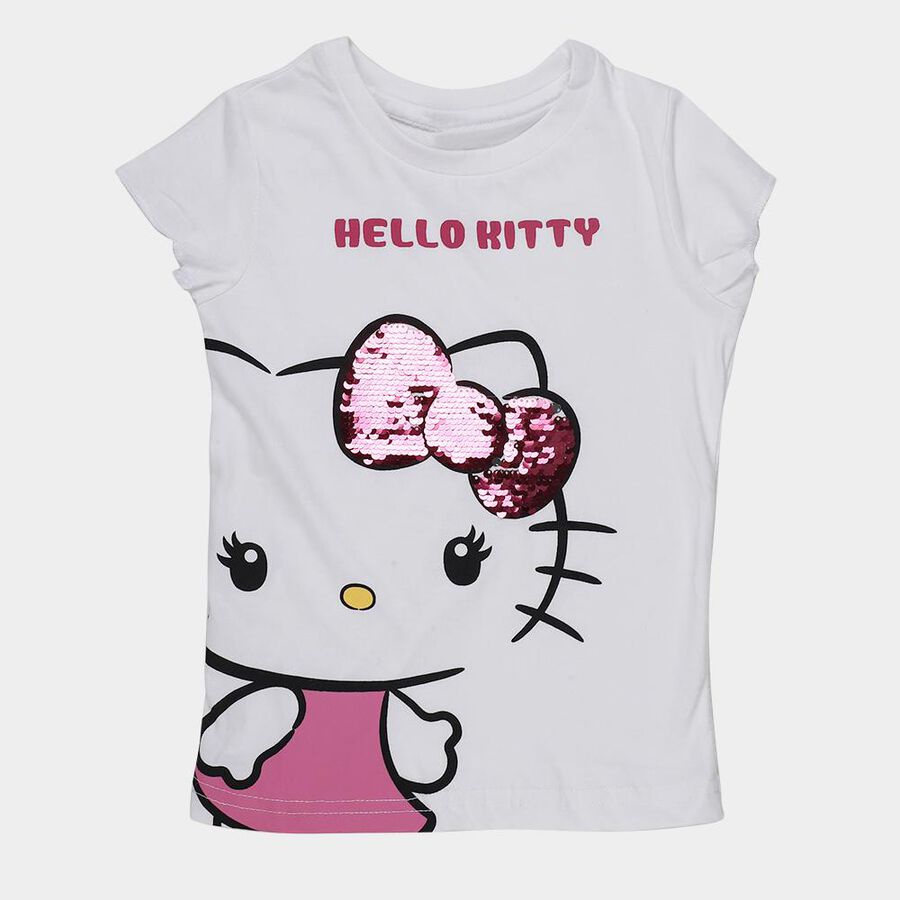 Girls White Cotton Round Neck Graphic T-Shirt, सफ़ेद, large