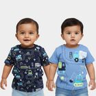 Infants' Blue Cotton Round Neck Printed T-Shirt, Mid Blue, small