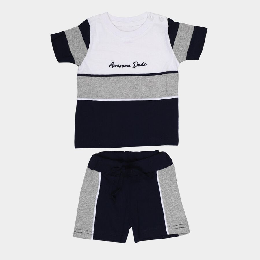 Infants' Navy Cotton Round Neck Colorblock Baba Suit, Navy Blue, large
