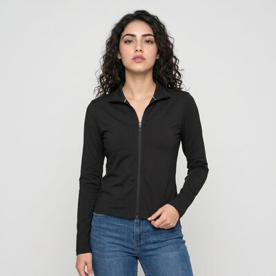 Women's Black Stand Collar Windbreaker Jacket