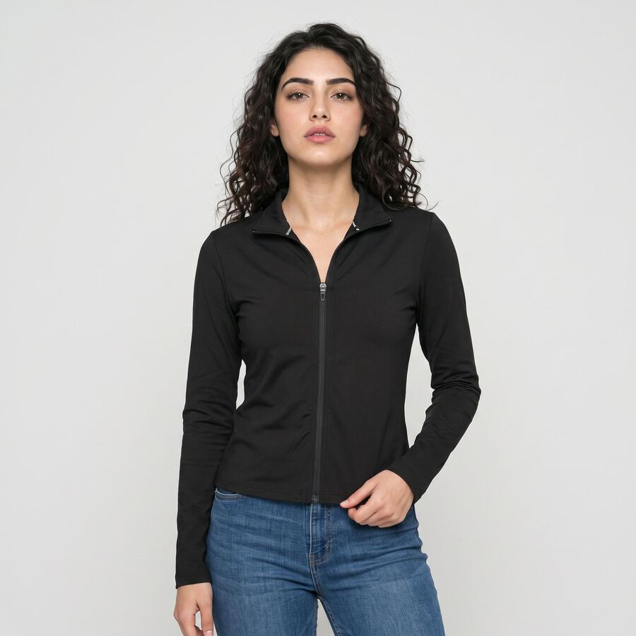 Women's Black Stand Collar Windbreaker Jacket, Black, large