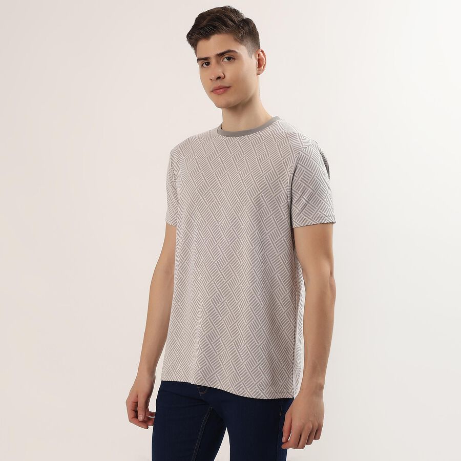 Men's Grey Round Neck Casual T-Shirt, Light Grey, large