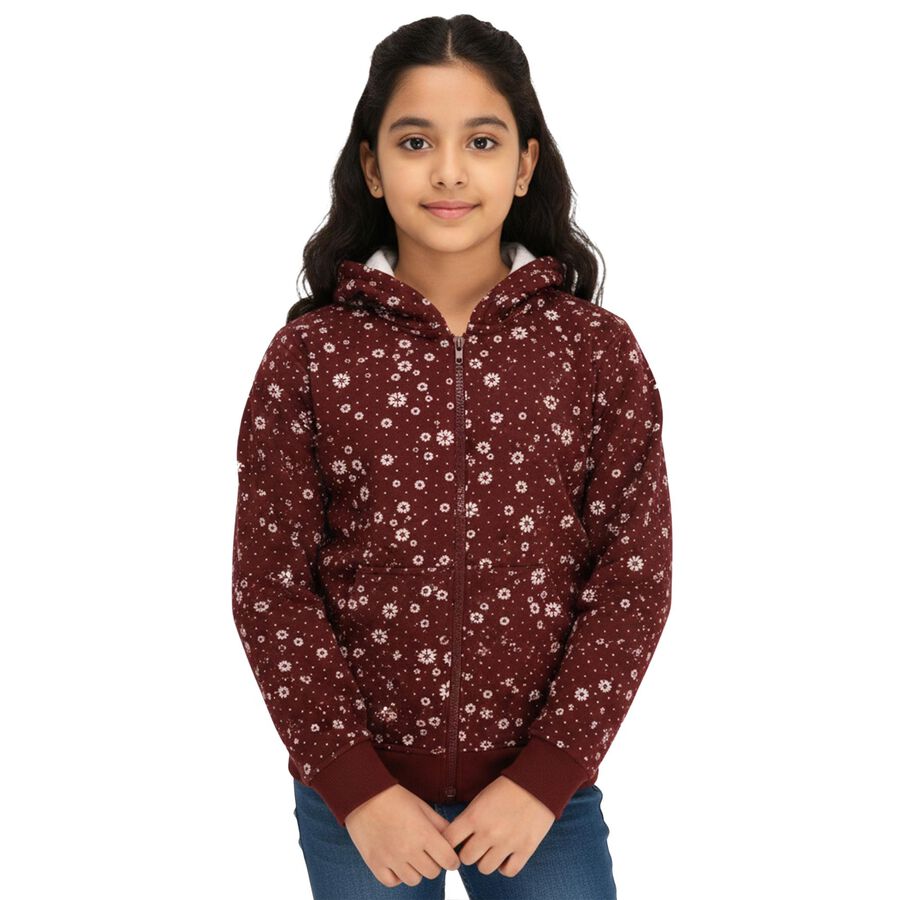 Girls Deep Maroon Hooded Casual Sweatshirt, वाइन, large image number null