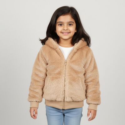 Girls Light Beige Hooded Casual Jacket