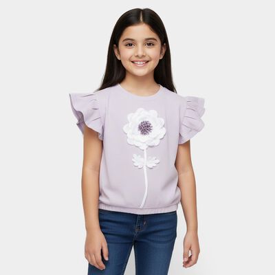 Girls Lilac Round Neck Casual T-Shirt