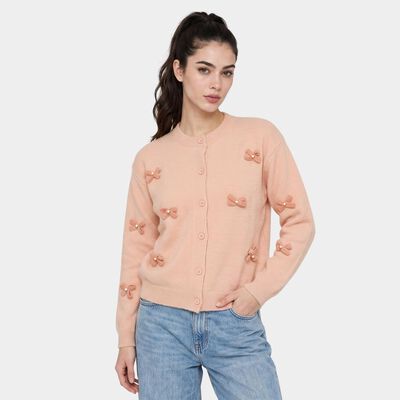 Women's Pink Round Neck Button-Front Cardigan