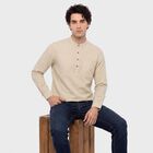 Men's Beige Mandarin Collar Striped Straight Kurta, Beige, small