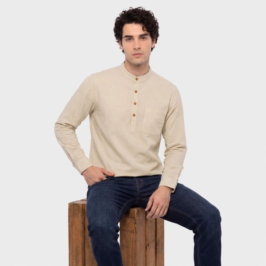 Men's Beige Mandarin Collar Striped Straight Kurta, Beige, large