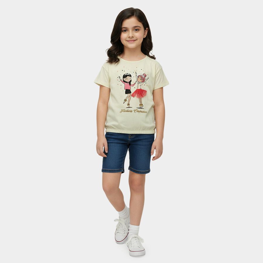 Girls Yellow Cotton Round Neck Casual T-Shirt, पीला, large