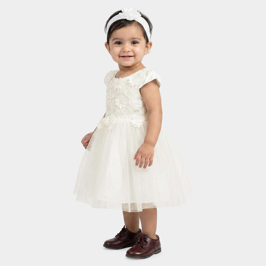 Infants' White Fit and Flare Floral Applique Party Wear Frock, सफ़ेद, large