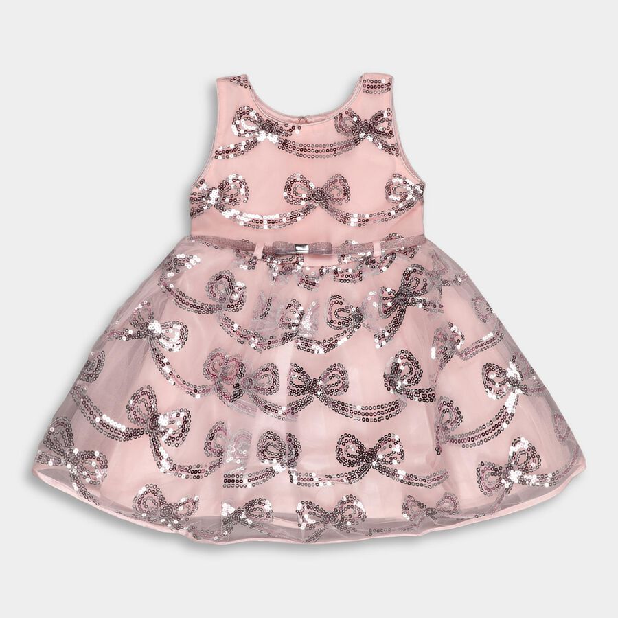 Girls' Soft Pink Sequin Bow Sleeveless Party Frock, Light Pink, large image number null