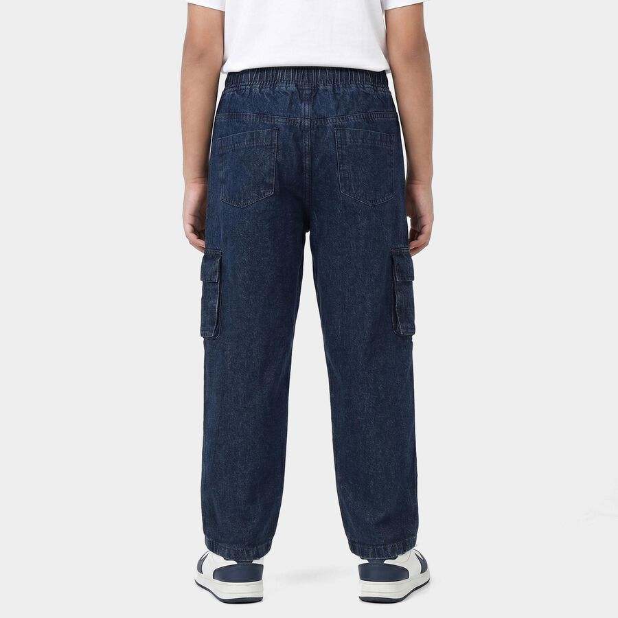 Boys' Navy Blue Straight Fit Cargo Jeans, मध्यम नीला, large