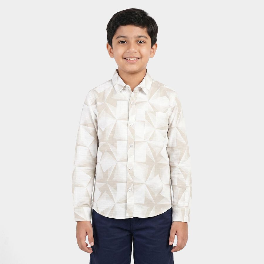 Boys Beige Cotton Geometric Casual Shirt, Beige, large