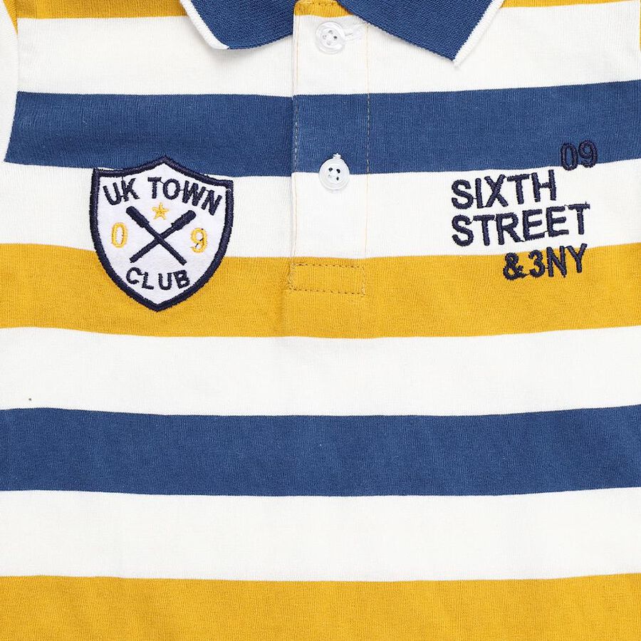 Boys' Mustard Yellow and Navy Blue Polo Neck Striped T-Shirt, पीला, large
