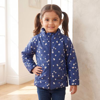 Girls' Navy Blue Stand Collar Puffer Jacket