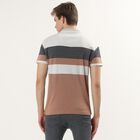 Men's Beige Cotton Polo Neck Striped T-Shirt, Beige, small