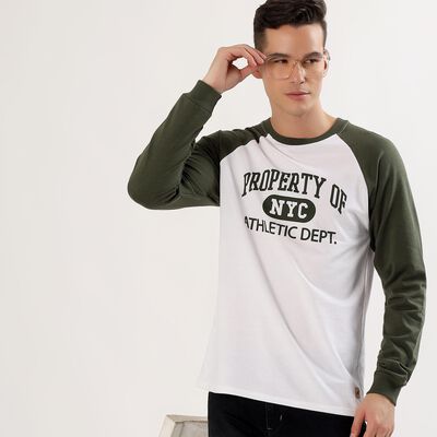 Men's White and Olive Green Crew Neck Casual T-Shirt 