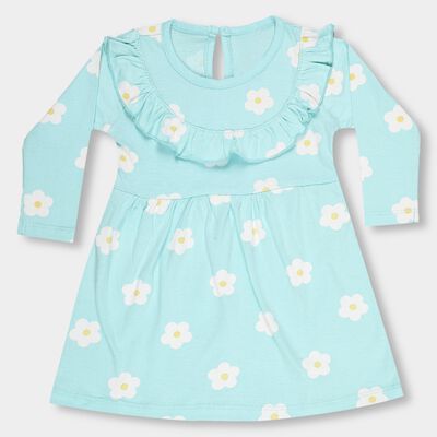 Infants' Aqua Blue Floral Printed Ruffled Neck Frock